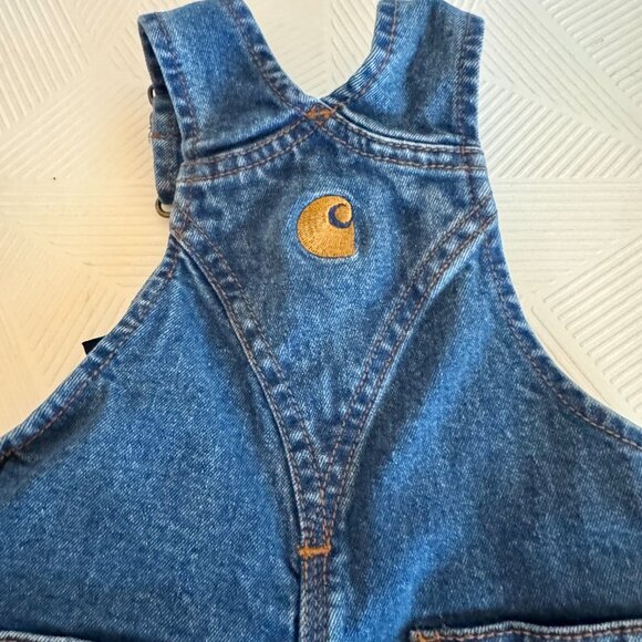 Carhartt Baby Denim Short Overalls Size 3 Months Classic Blue Jean Romper Logo - Picture 3 of 9